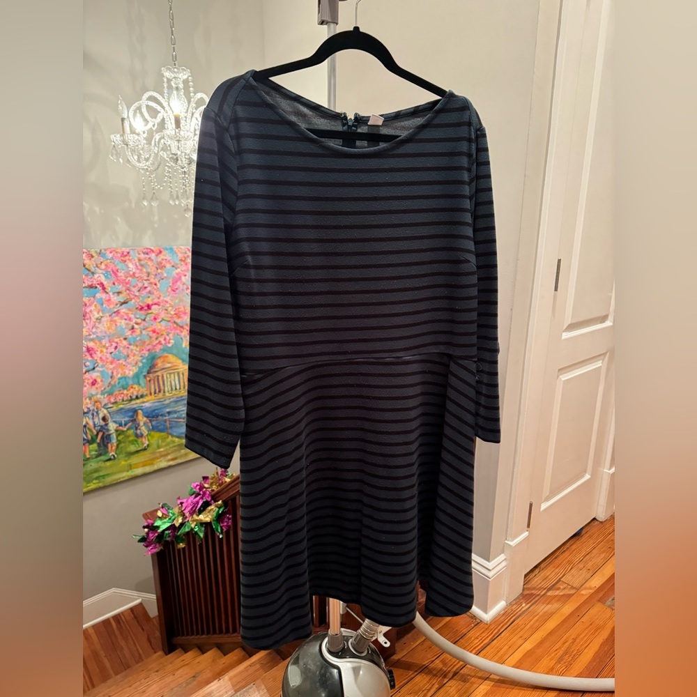 Boatneck Green and Black Striped Dress